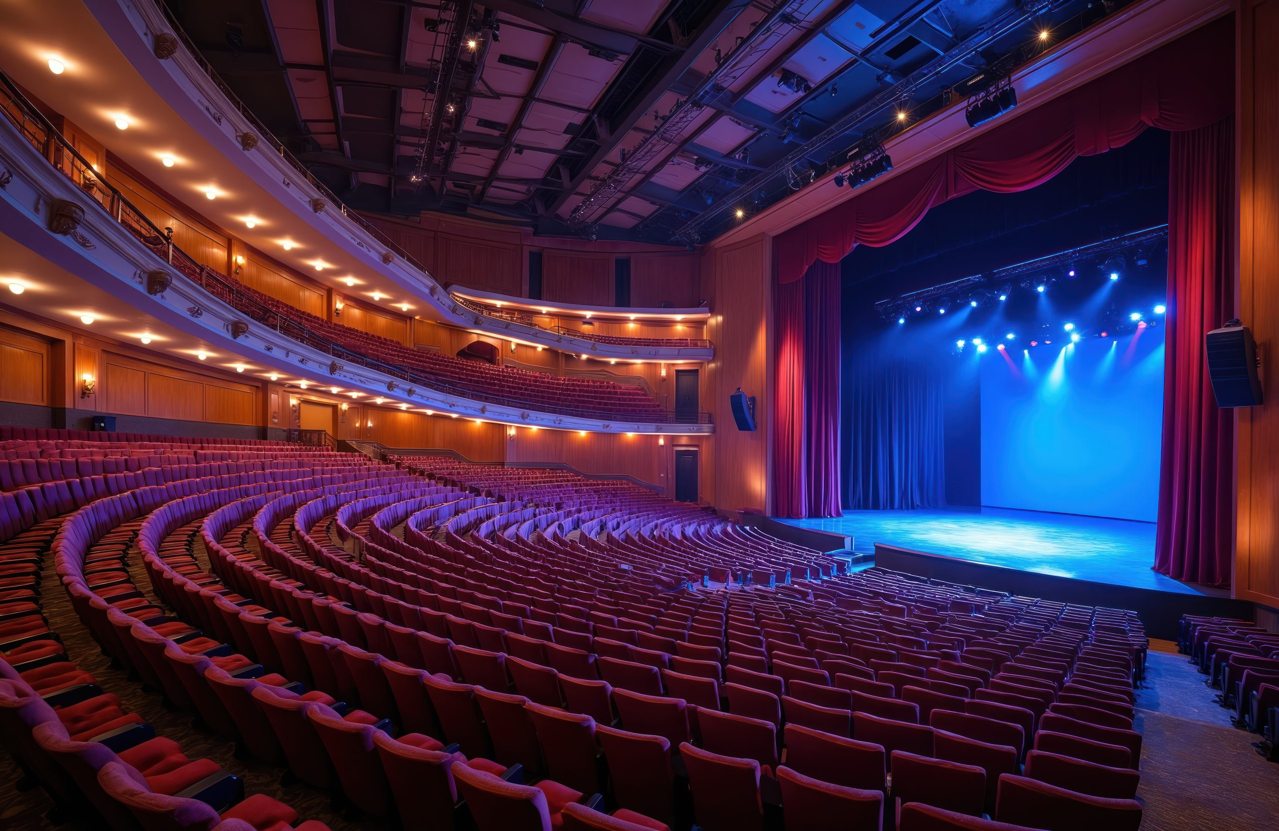Empty cruise ship theater prepared for a hosted event at sea.