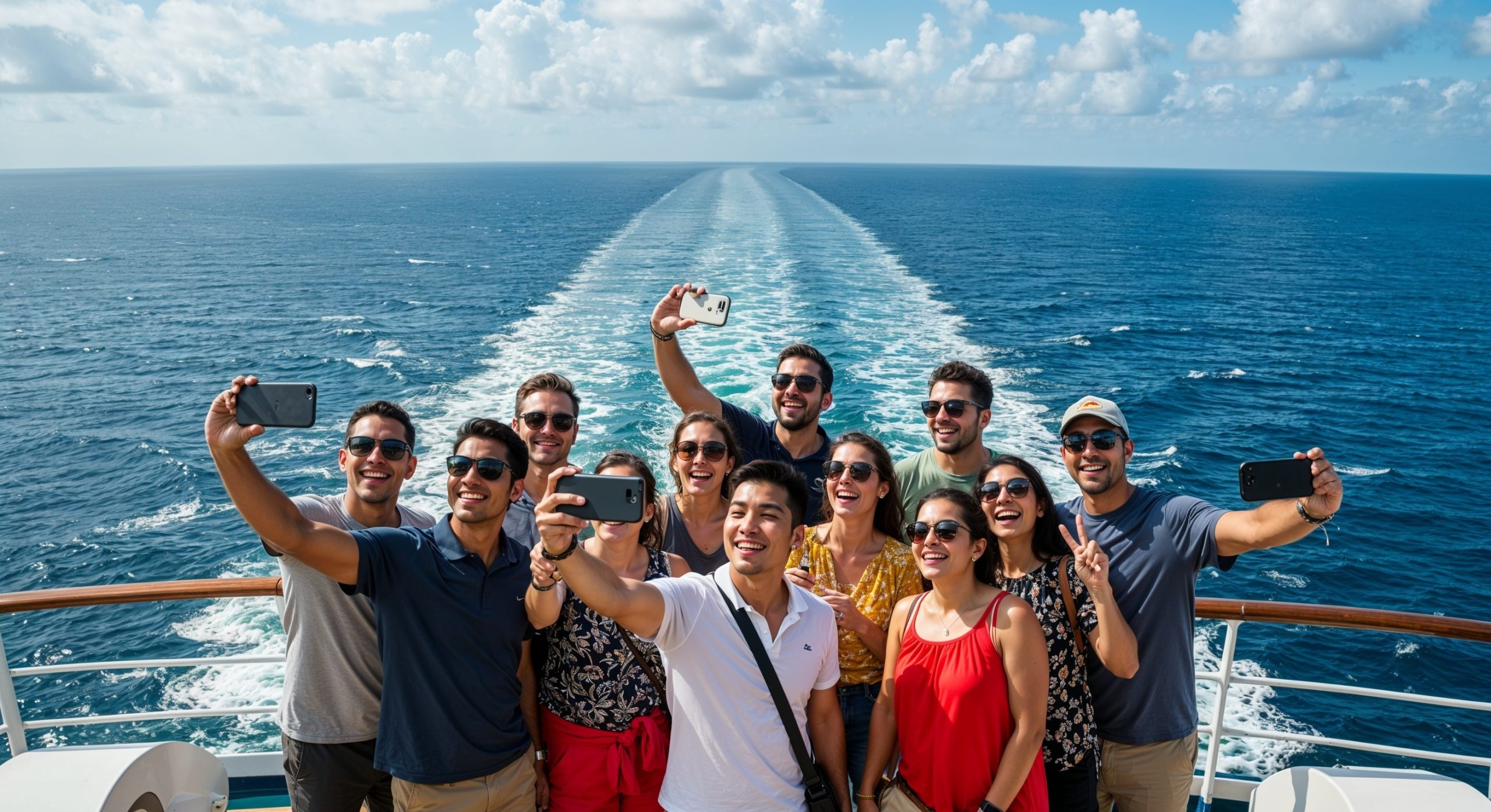 Group of friends taking photos together on a cruise ship deck.