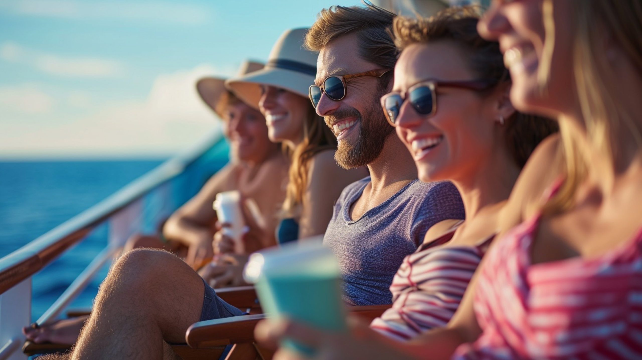 Group of travelers relaxing together on a cruise ship deck.