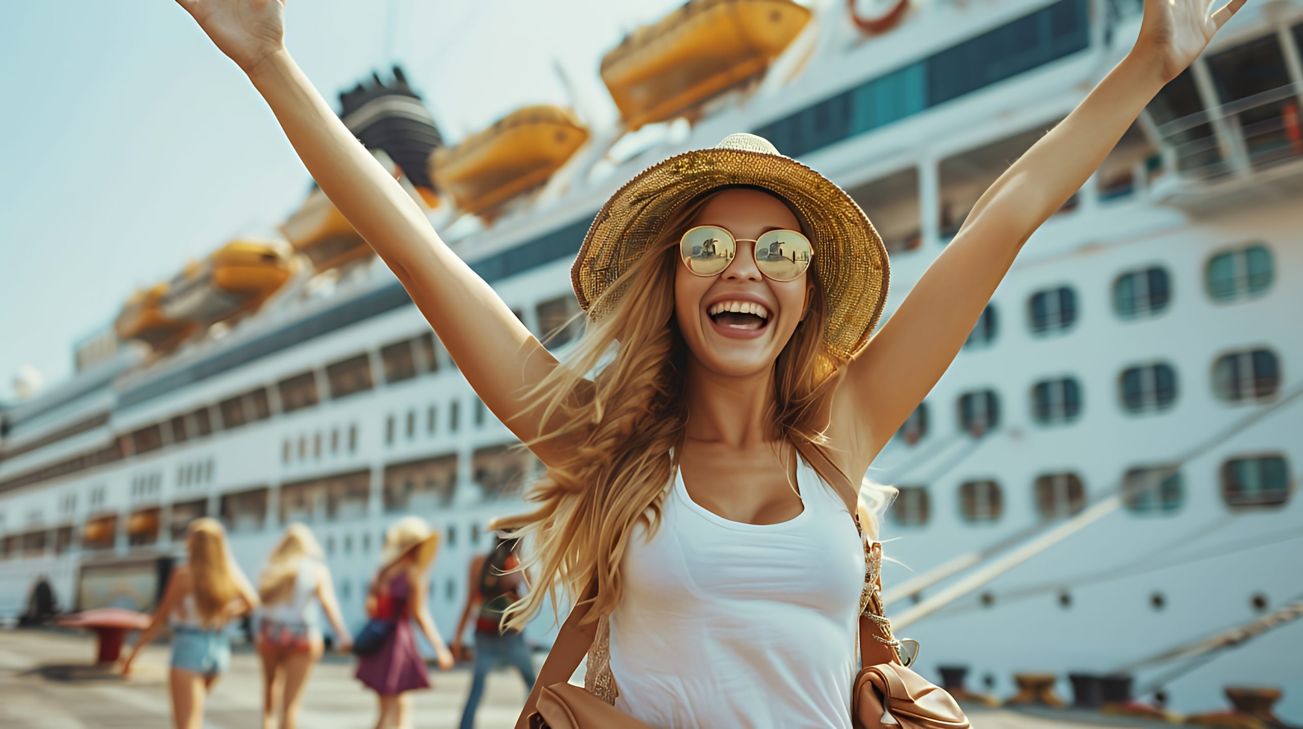 Happy traveler standing in front of a cruise ship.