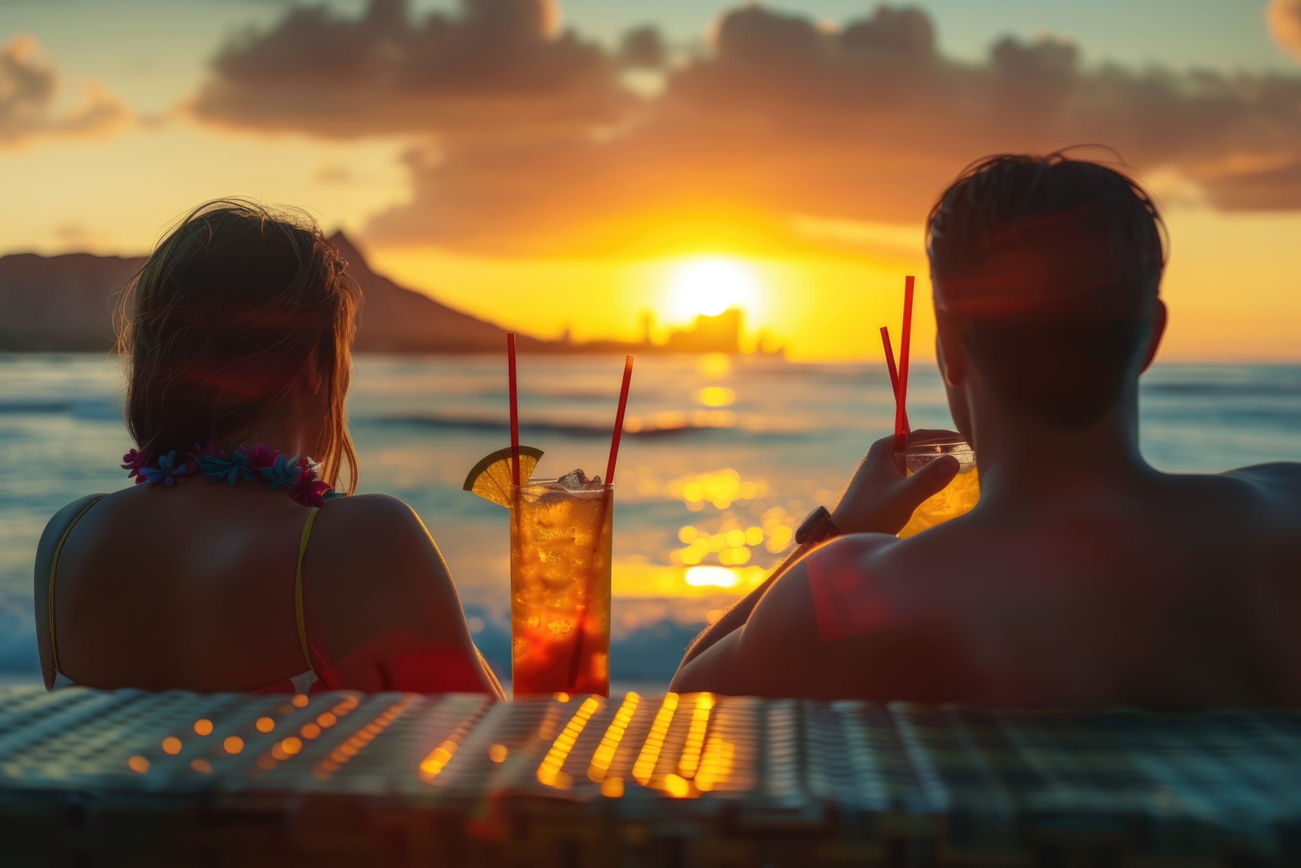 Couple watching a tropical sunset by the ocean.